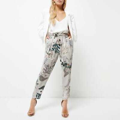 Petite grey floral print tapered trousers